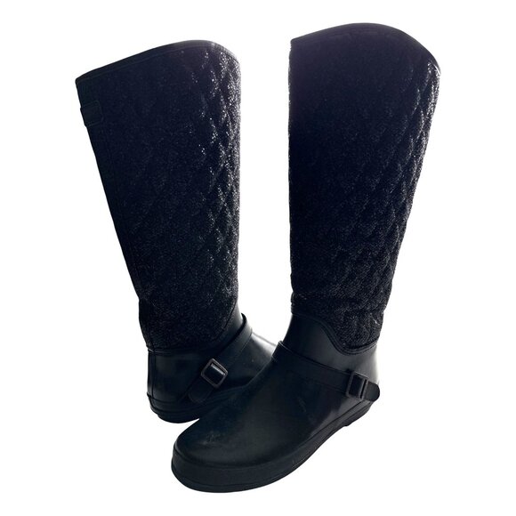 Sperry Top Sider Black Glitter Quilted Waterproof Rubber Rain Boots Size 9 - Picture 1 of 8